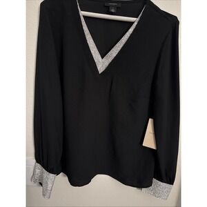 Halogen‎ Rhinestone V-Neck Top - Rich Black Long Sleeve Size 8 Date Night Dinner
